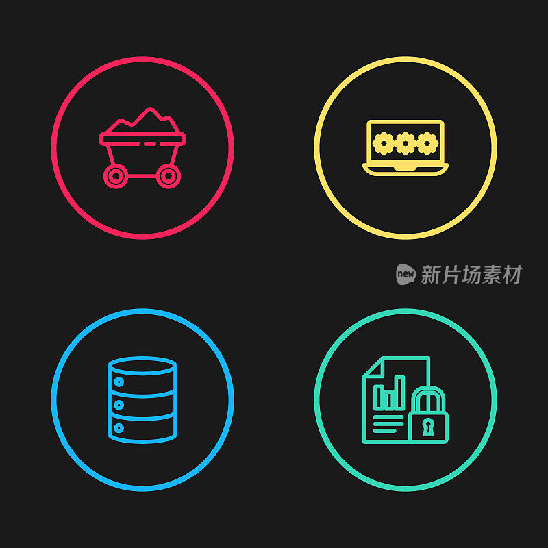 Set line Server, Data, Web Hosting, Document and lock, Laptop with password and Coal mine trolley icon. Vector